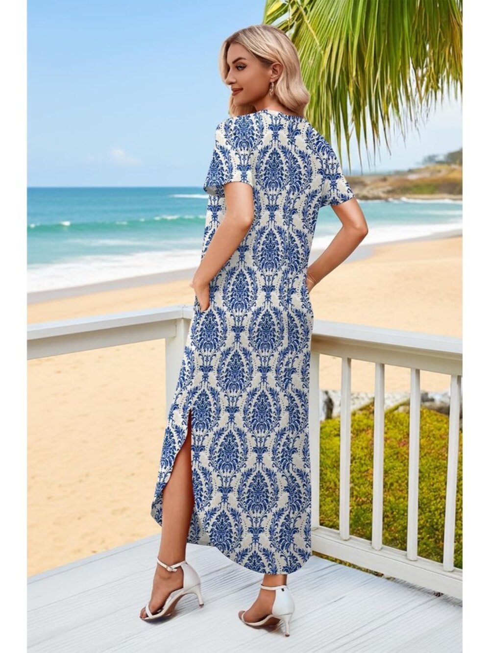Women's Blue Floral Dress Short Sleeve Pockets Pull On Vacation Beach 2026 - Picture 5 of 5
